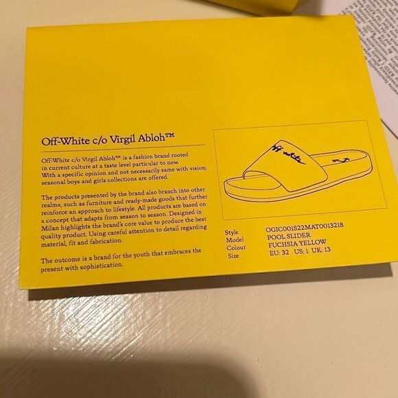 Off White Kids Size 1 Pool Slide Sandals Fuchsia Yellow Script Logo New In Box - Picture 4 of 11